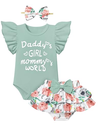 Image of ADIFUN Baby Girl Clothes,Girl Summer Outfit Romper Sets Ruffle Short Sleeve Top+Shorts+ Bow Hairband 3Pcs Set