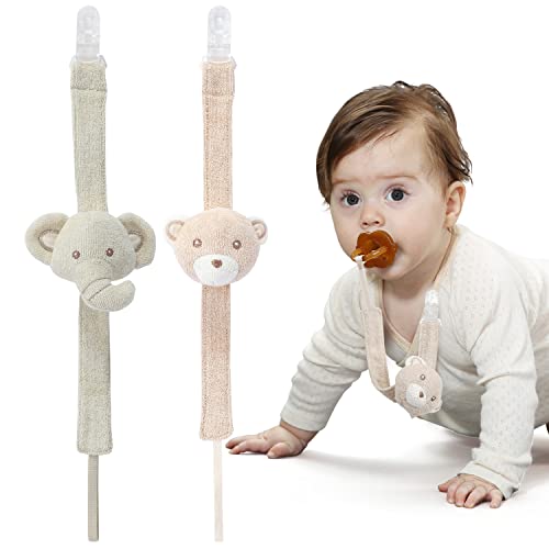 Image of COTTONBEBE Pacifier Clip, 2 Pack Baby Pacifier Holder for Boys and Girls Fits Many Pacifiers & Baby Teething Toys, Ideal Baby Gift (Elephant & Bear)