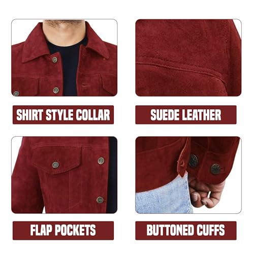 Image of Mens Premium Brown Suede Leather Trucker Jacket - Vintage Classic Motorcycle Western Goat Leather Coat