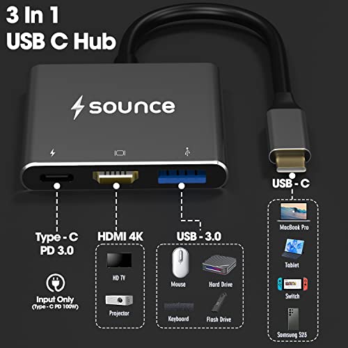 Image of Sounce 3-in-1 USB C to HDMI Multiport Adapter -USB Type C Hub with 4K HDMI Output(4k /30HZ), USB-A 3.0, and USB C Power Delivery(60W /100W) for Mac OS /Window /Tablet and Android 7. 0 & Above Devices