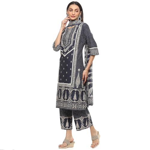 Image of BIBA Women Cotton Straight Printed Suit Set