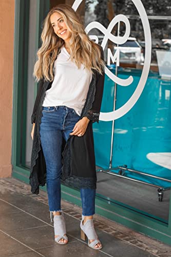 Tickled Teal Women's 3/4 Sleeve Lace Trim Casual Wrap Cardigan Coverup Outerwear Sweater3