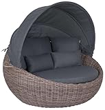 MR. DEKO Sonneninsel Marano PE Rattan Braun Dunkelgrau | Luxus Loungeinsel Garten Wetterfest | Runde Sonnenliege mit Dach Klappbar | Inklusive 5 Kissen | Lounge mit Abdeckung