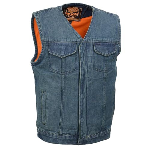 Milwaukee Leather MDM3012 Men's 'Brute' Concealed Snap Blue Denim V-Neck Club Style Vest w/Hidden Zipper - Medium