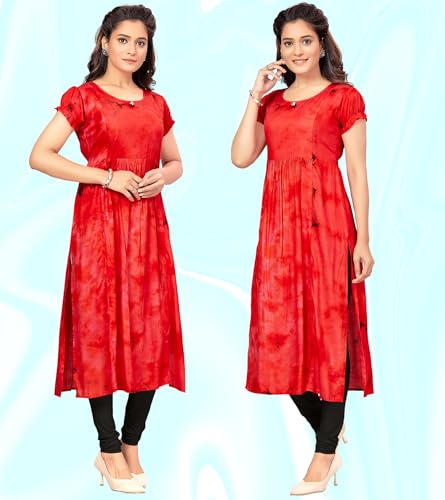 Image of RITIJYA Maternitywear Rayon Tiedie Straight Feeding Kurtis for Women with Zip | Maternity Dress for Nursing & Pregnancy (9207 46,Tomato Red)