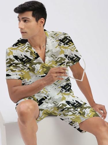 Image of Amazon Brand - Anarva Mens Camouflage Printed Co-ord Set | Half Sleeve Shirt and Shorts Set | Casual Summer Outfit for Beach, Travel, Vacation -