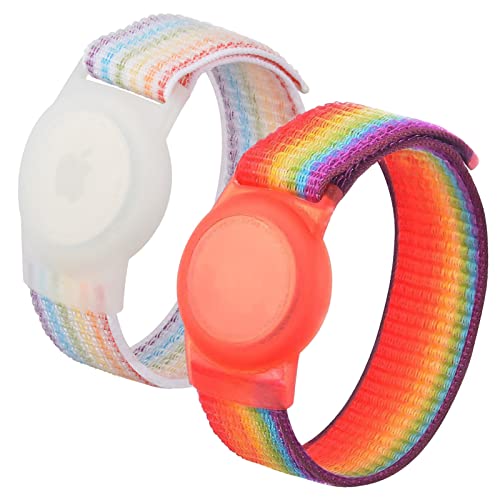 Fyy For Airtag Bracelet For Kids, 2 Pack Nylon Gps Tracker Holder Protective Case Air Tag Wristband With Adjustable Hook & Loop Watch Band For Toddlers Girls Boys Elders Rainbow #TOP30