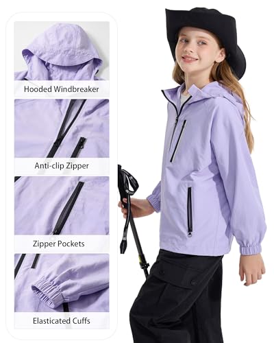 Image of Rolanko Girls Rain Jacket Lightweight Waterproof Hooded Kids Raincoat 6-16 | Kids Windbreaker, Water-Repellent, Sealed Zip Pockets, Reflective Strips, Extended Hood, Outdoor, School Daily, Travel