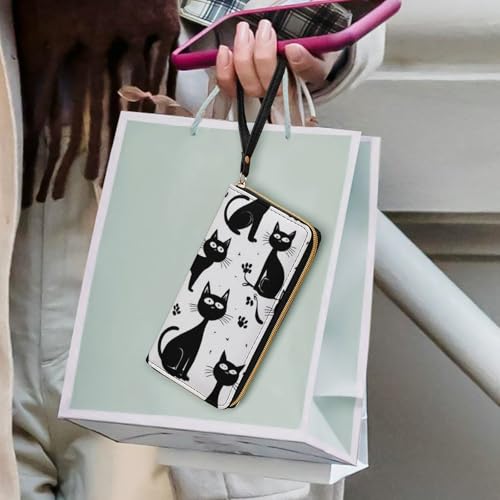 Girl's Long PU Wallet, Travel Purse Fashion Design, Huge Storage Capacity Purse, Cute Decor Zipper Wallet With Rope Funny Black Cats 6