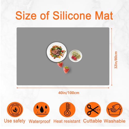 Image of 40''x32''(100cmx80cm) Extra Large Silicone Mat for Kitchen Counter, Heat Resistant Countertop Protector, Non-Slip Waterproof Kitchen Island Mat, Easy to Clean, Light Gray