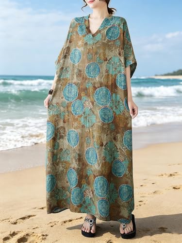 Image of Plus Size Summer Dress Printed V Neck Casual Loose Long Dresses with Pockets