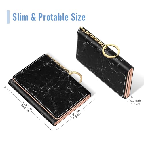 Image of Rouidr Womens Wallet, Small Slim RFID Card Wallets for Women, Cute Front Pocket Trifold Leather Card Organizer with 7 Slots & ID Window, Black Marble