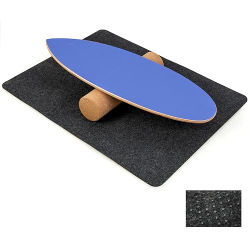 GYMAX Balance Board aus Holz, Balancebrett mit Korkrolle & anti-rutschige Schutzmatte, Indoorboard Surfboard Maximale Belastung 100kg, Surf Balance Board für Kinder & Erwachsene (Marineblau)