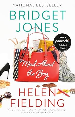 Bridget Jones: Mad About the Boy by Helen Fielding, depicting an overflowing red purse and various daily items spread across a white floor.