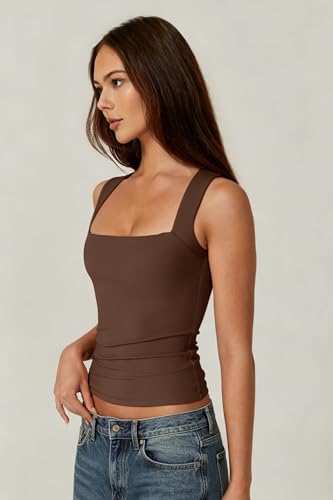 Image of QINSEN Women's Square Neck Sleeveless Double-Layer Tank Tops Basic Tight T Shirts
