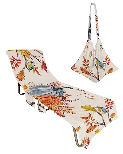 Thanksgiving Fall Beach Chair Towel Covers for Chaise Lounge with Side Pocket, Soft Plush Pool Towels Cover for Patio Sunbathing Outdoor 29''x85'' Vintage Autumn Pumpkin Maple Leaves