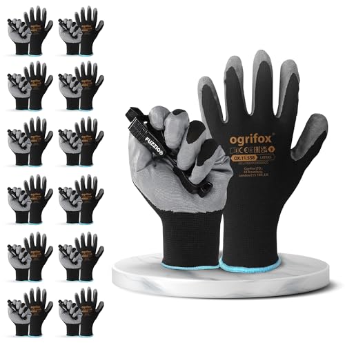 FUZZIO 12 Paar Arbeitshandschuhe Herren Gr 9, Mechaniker Handschuhe Schwarz, Gartenhandschuhe Herren, Arbeitshandschuhe Damen, Montagehandschuhe Herren, Latex Beschichtung mit Handschuhclip FUZZIO 12 Paar Arbeitshandschuhe Herren Gr 9, Mechaniker Handschuhe Schwarz, Gartenhandschuhe Herren, Arbeitshandschuhe Damen, Montagehandschuhe Herren, Latex Beschichtung mit Handschuhclip