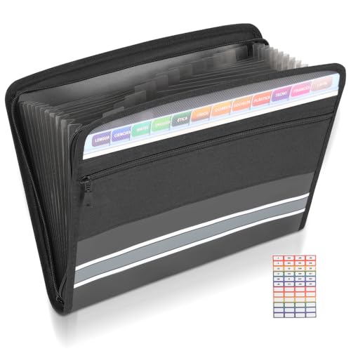 Organizador de Arquivos com Zíper, Pasta de Arquivo Expansível de Bolsos com Bolsa Frontal para Lápis, Pasta de Gerenciador de Arquivos, Pasta Sanfonada Plástica A4 Divisoes