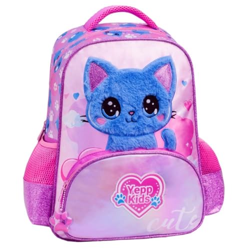 Mochila De Costas Gato Pelúcia Orelhas Glitter Infantil Escolar 2026 (Roxo, M)
