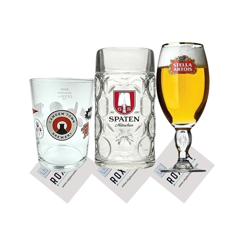 Roxley Set of 4 Draft Glasses Set Lager Stella Spaten Camden Town Beer Mixed Pint Litre Glasses X4 Man Cave Made in UK