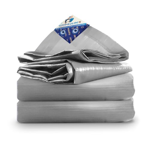 Image of TUFFPAULIN Plastic 15Ft X 9Ft 120 GSM Silver Tarpaulin Tirpal Tadpatri Tharpai Thadika,Extra Strong,Reinforced Eyelets,Uv Resistant,100% Waterproof Virgin,6 Layer Mlcl 3D Rib Technology-1 No.