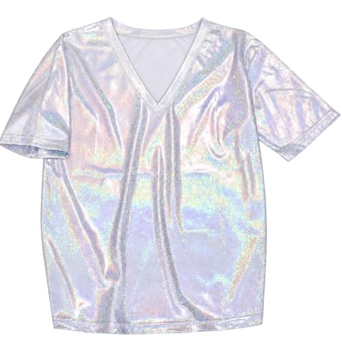 Womens Sparkly Shirt, Metallic V-Neck Short Sleeve Glitter Shiny Tops - image 4