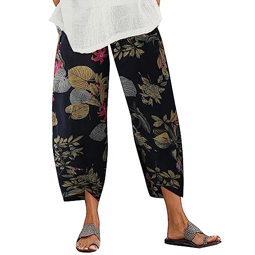 FaroLy Women's Plus Size Wide Leg Capri Pants Summer Baggy Tapered Cropped Printed Pant Elastic Waist Beach Trousers