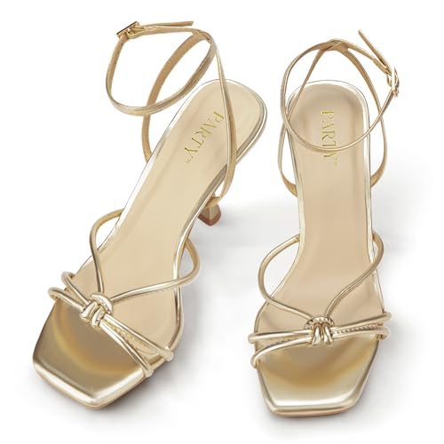 Image of PARTY Women's Square Open Toe Strappy Heeled Sandals 3 inch Stiletto Kitten Heel with Ankle Buckle Strap, Comfortable Slingback Summer Dress Shoes