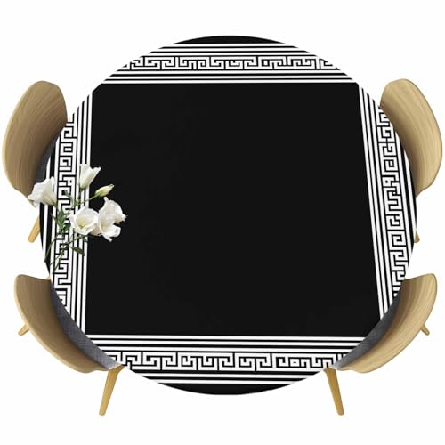 Black White Round Fitted Table Cover Geometric Greek Key Bordered