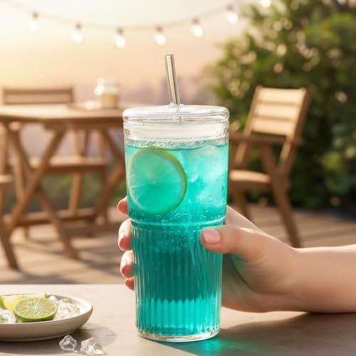 Image of Ash & Roh 550ml Large Ribbed Glass Cup with Straw, Reusable Glass Tumbler with Lid for Iced Coffee, Bubble Tea, and Smoothies (Pack of 1)
