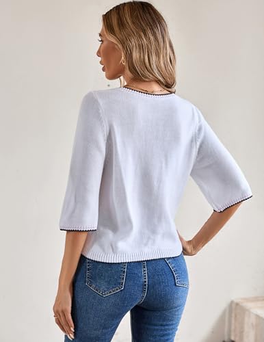 Womens Cute Striped Ribbed Knit Color Block Crewneck 3/4 Sleeve Pullover Sweater Spring 20253