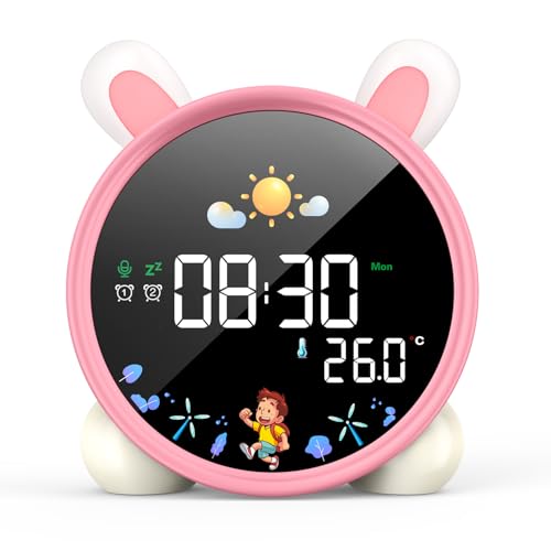 LEMNOI Réveil Educatif Jour Nuit Reveil Enfant Chatte 5 Couleurs Lumineux LED Lampe de Chevet avec Musique,Double Alarme,Température,Fonction Snooze (Lapin)