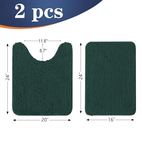 Image of OLANLY Bathroom Rugs Sets 2 Piece, Soft Absorbent Chenille Bath Mats and U-Shaped Contour Toilet Rug Set, Machine Washable Bath Carpet, Home Decor Accessories(24 inchx16 inch+24 inchx20 inch, Blackish Green)