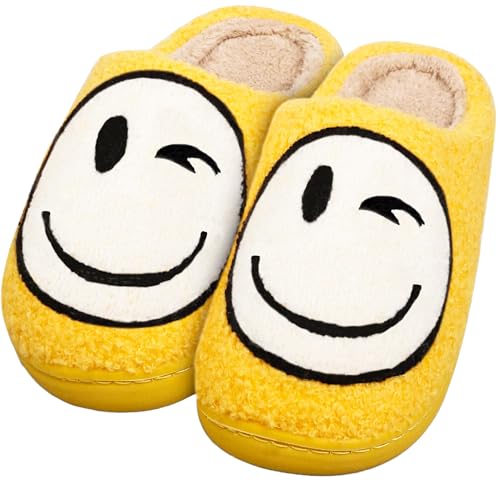 Image of Smile Face Slippers for Women and Men, Retro Comfy Warm Soft Fuzzy Plush Slip-On House Shoes Funny Cute Happy Smile Home Winter Warmies Pillow Cloud Memory Foam Fluffy Slipper for Indoor & Outdoor