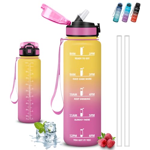Gourde, Gourde 1l, Gourdes Sport, Anti Fuite, Gourdes Graduée pour 1 Journee, Facile à Transporter, Gourd Graduée, Bouteille avec Slogan de Motivation, pour École, Camping, Bureau, Randonnée, Yoga