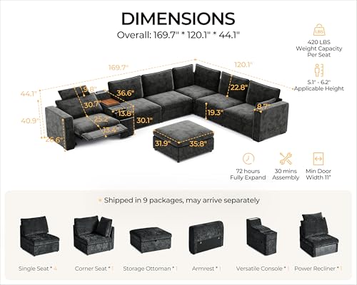 Image of 169.7 inch Oversized Modular Power Recliner Sofa with Headrest, Wall Hugger Cloud Reclining Couch, Drawer Charging Cup Holders, Deep 7-Seater Sectional with Corner and Storage Ottoman, Chenille, Black
