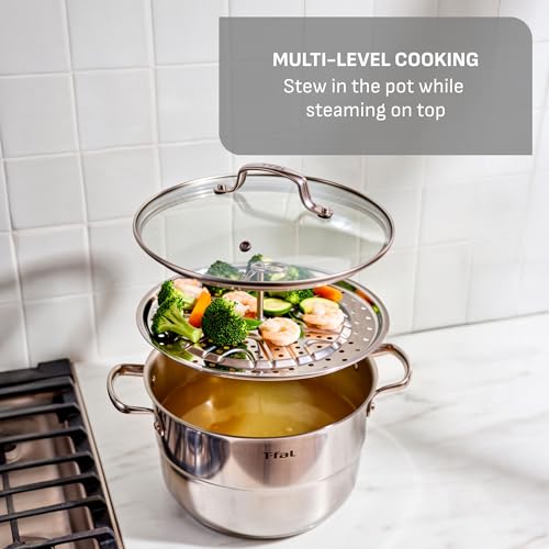 Image of T-Fal Specialty 7.2 Quarts Stainless Steel Pan Stockpot with Lid, Induction Compatible, Dishwasher Safe, Oven Safe to 500F, Stew Pot, Silver
