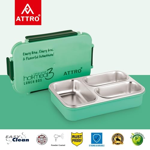 Image of ATTRO Hot-Meal 3 Insulated Lunch Box with 3 Compartment, Inner Stainless Steel & Locking Lid BPA-Free Food Grade Ideal for School, Office - 900ml Green