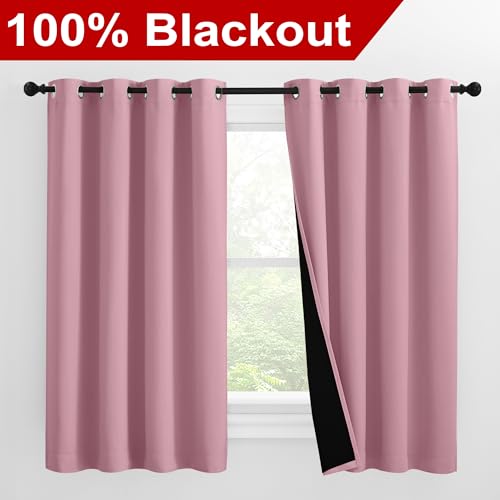 Image of NICETOWN 100% Blackout Curtains with Black Liners, Thermal Insulated Full Blackout 2-Layer Lined Drapes, Noise Cancellation Window Draperies for Dining Room (Crystal Pink, 2 Panels, 55 inch W by 57 inch L)