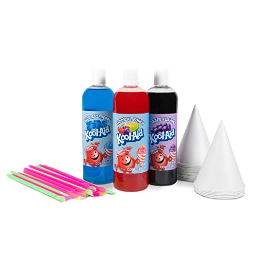 Nostalgia Kool-Aid Snow Cone Syrup Variety Pack – 16-oz Bottles, 3 Flavors: Blue Raspberry, Tropical Punch, and Grape – Paper Cups &amp; Colored Spoon Straws – Great for Birthdays, Pool Parties, and BBQs