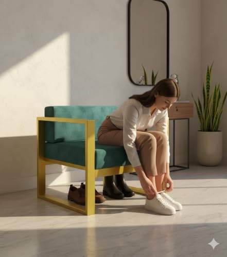 Image of Metal Single Seater Sofa with Cushion for Living Room | Heavy Duty Iron Frame with Powder Coating | Comfortable Seating for Home & Office (Golden-Green)