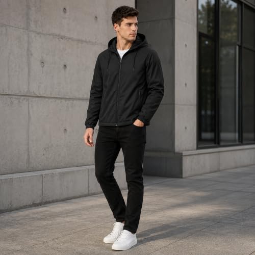 Image of MIA FASHION Men's Hooded Waterproof Rain Jacket Lightweight Wind Resistant Jacket with Zipper Pockets for Bike Riding, Travel & Outdoor Use