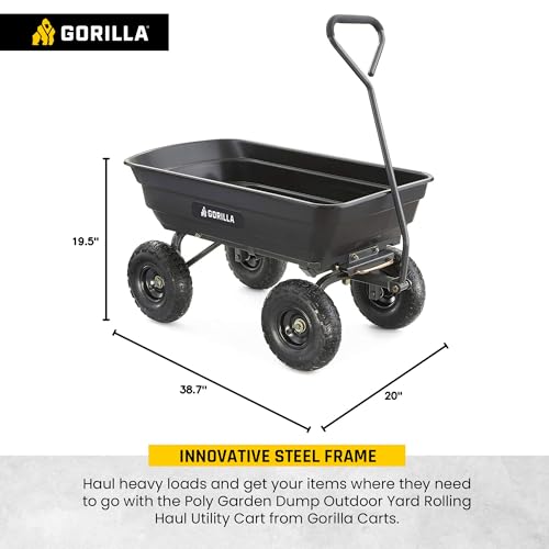 Gorilla Carts Poly Garden Dump Cart, 4 Cu Ft Tub, 600 lb Haul Capacity, Black – Heavy-Duty Utility Wagon with Quick-Release Dumping & Pneumatic Tires for Yard, Landscaping and Gardening