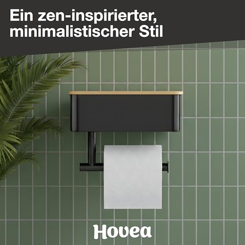 Hovea - Toilettenpapierhalter 2-in-1 mit Ablage und Feuchttücherbox - Wandmontage Ohne Bohren - Aus Metall - WC-Papierhalter - WC Papier Halterung - Schwarz & Bambus - PPT121