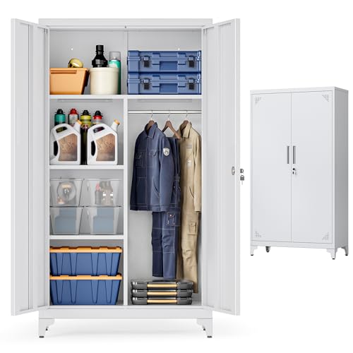 SONGMICS Armario, Mueble de Almacenamiento Metálico, con 2 Puertas, 5 Compartimentos, Barra para Perchas, con Cerradura, Patas Altas, 80 x 40 x 165 cm, Gris Mate OMC018GJ01