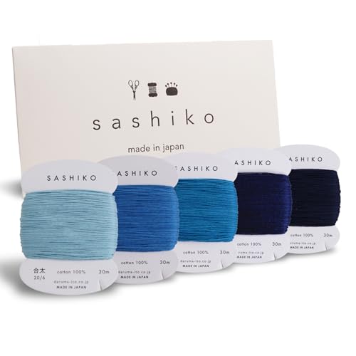 DARUMA Sashiko Thread 100% Cotton Card Type (32.8 yd) x 5 Colors with English Manual Sewing & Embroidery Value Set with Gift Package(Thick Amaoto)