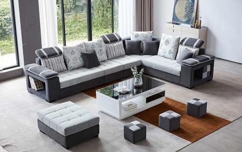 Image of Tyler 9 Seater Sofa Set for Living Room | U Shape Sectional Fabric Sofas with 4 Puffy | U Shape Sofa Set (Darkgrey & Lightgrey)