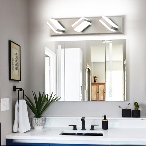 Image of SOLFART Brushed Nickel Vanity Lights Over Mirror, 3 Light LED Bathroom Light Fixture, Vanity Light for Bathroom Modern LED Lights 6000K