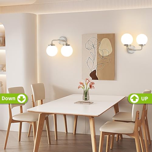 Image of Bathroom Light Fixtures 14in 2-Light Brushed Nickel Vanity Light for Mirror | Bathroom Lighting Fixtures over Mirror, ETL, Brushed Brass Wall Sconce, Dimmable E12 Base Max 60W, Milky Glass Ball Shades