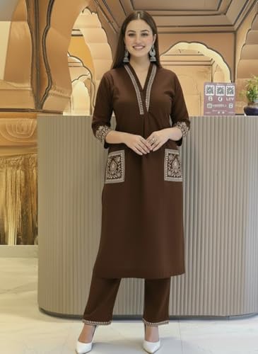 Image of SHEINZY Women's Embroidered Kurta Set with Pants | 3 /4 Sleeve V-Neck Kurti with Floral Thread Work | Ethnic Indian Wear for Casual & Festive Occasions | Comfortable Co-ord